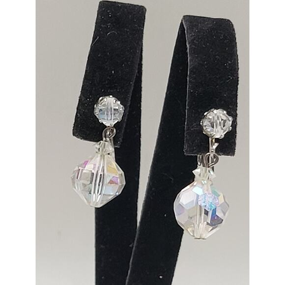 Vintage Jonne Schreiner Aurora Borealis Crystal Clip Earrings Silver Tone - Picture 1 of 6